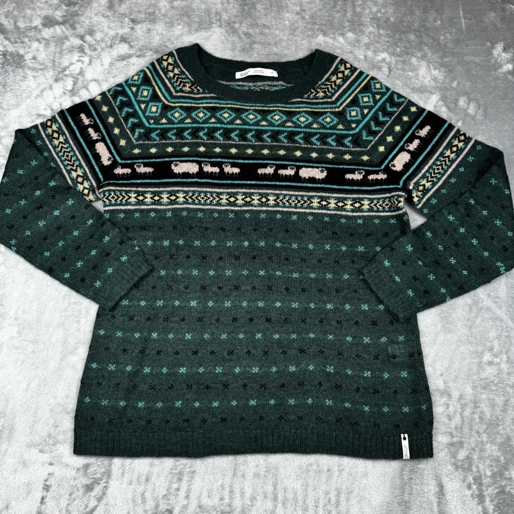 Woolrich Faire Isle Sweater Womens L Wool Sheep Long Sleeve Green Cottagecore